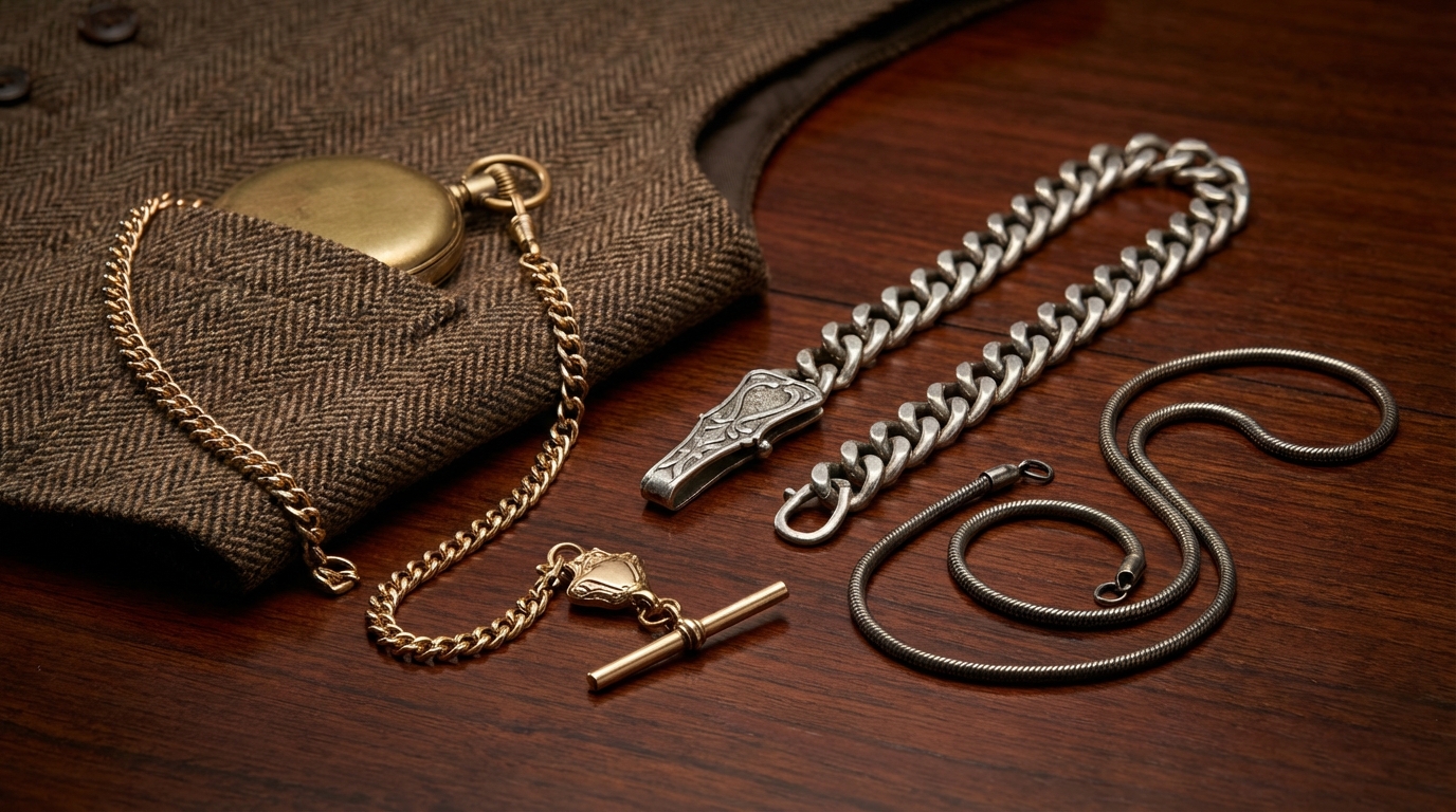 Guía completa de cadenas para relojes de bolsillo, mostrando diferentes estilos como Albert-T y con pasador de cinturón.