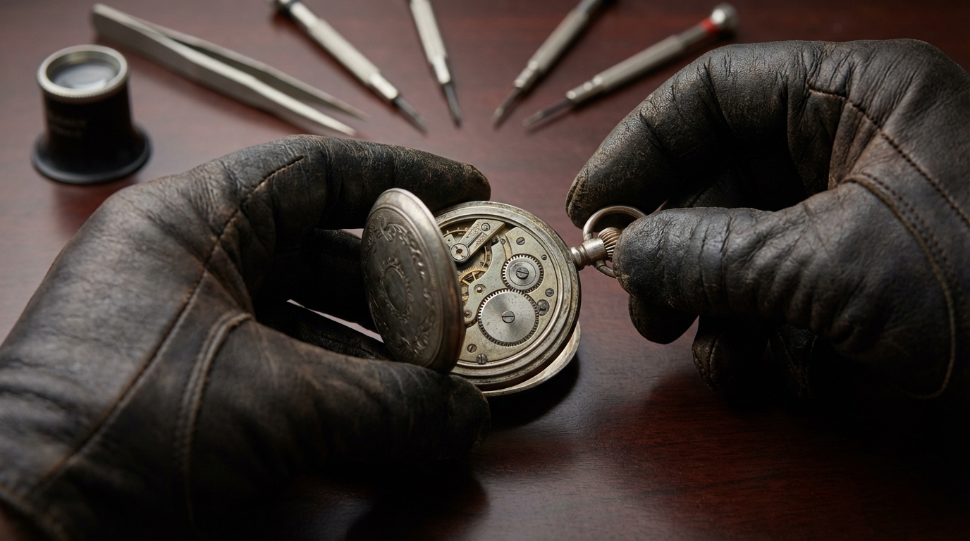 Manos de un experto al cambiar la hora a un reloj de bolsillo antiguo sobre una mesa de madera.