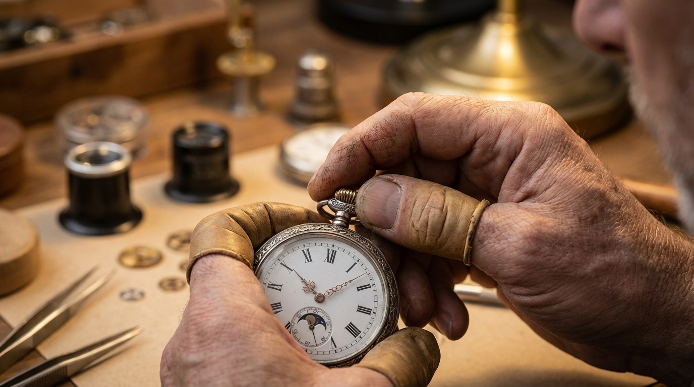 Manos de un experto al dar cuerda a un reloj de bolsillo antiguo de plata.