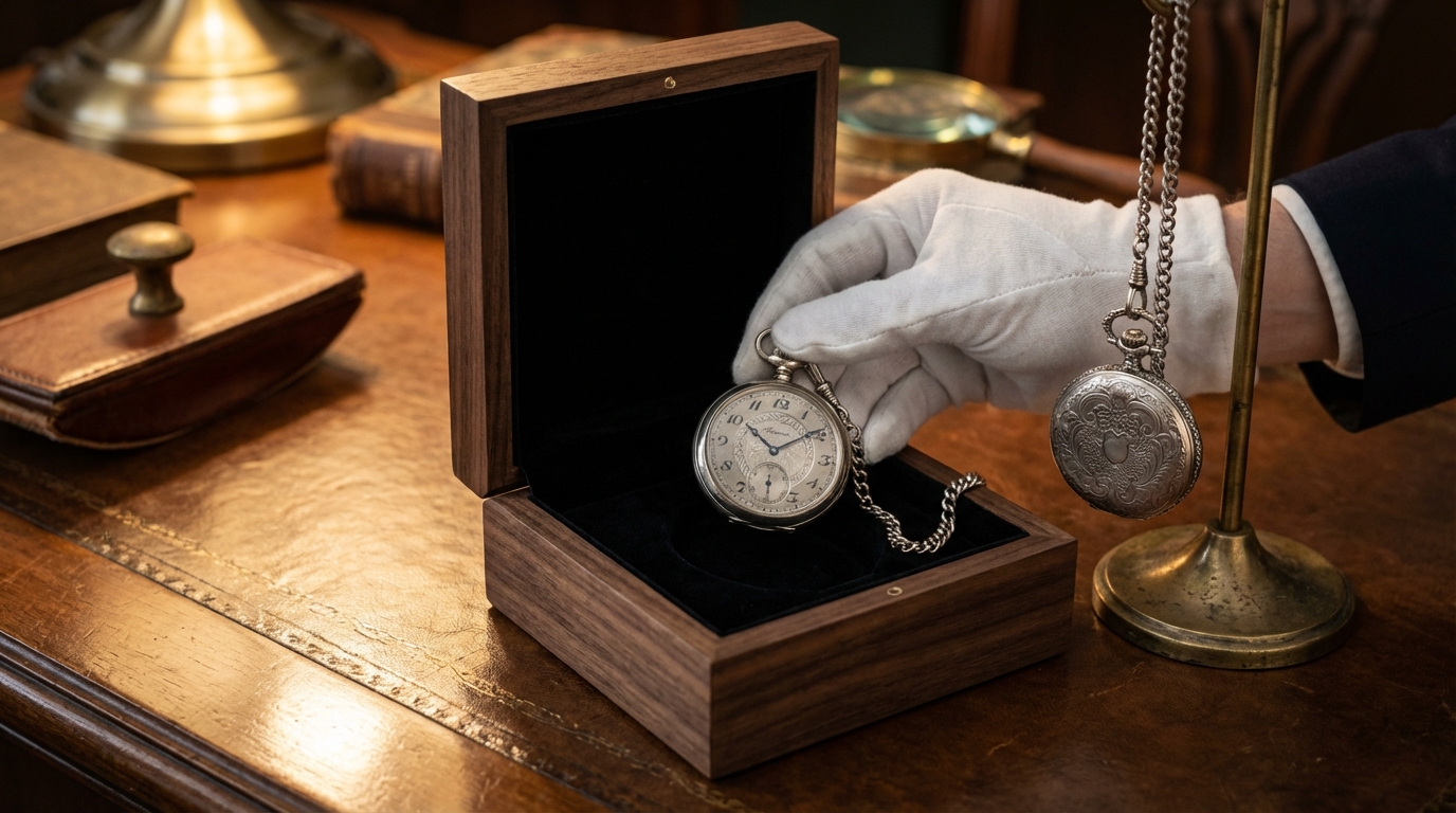 Hombre guardando un reloj de bolsillo antiguo en una caja de madera para su correcta conservación.