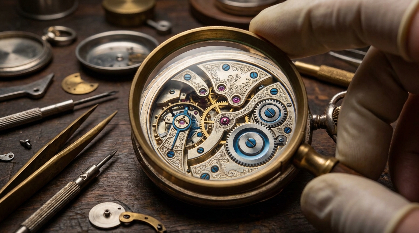 Un relojero examinando el movimiento de un reloj de bolsillo, parte del léxico del reloj de bolsillo.