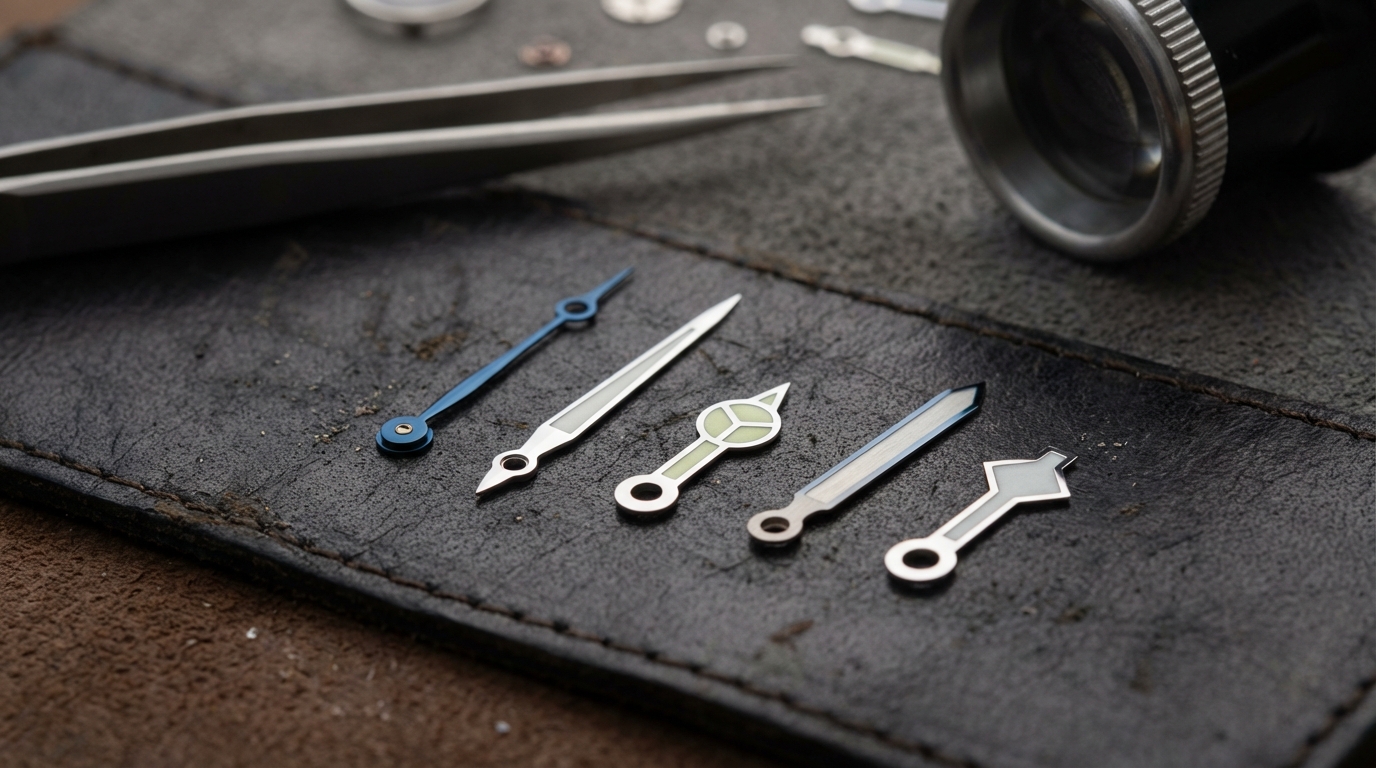 Una colección de diferentes estilos de manecillas de un reloj, como Breguet y Dauphine, sobre la mesa de un relojero.