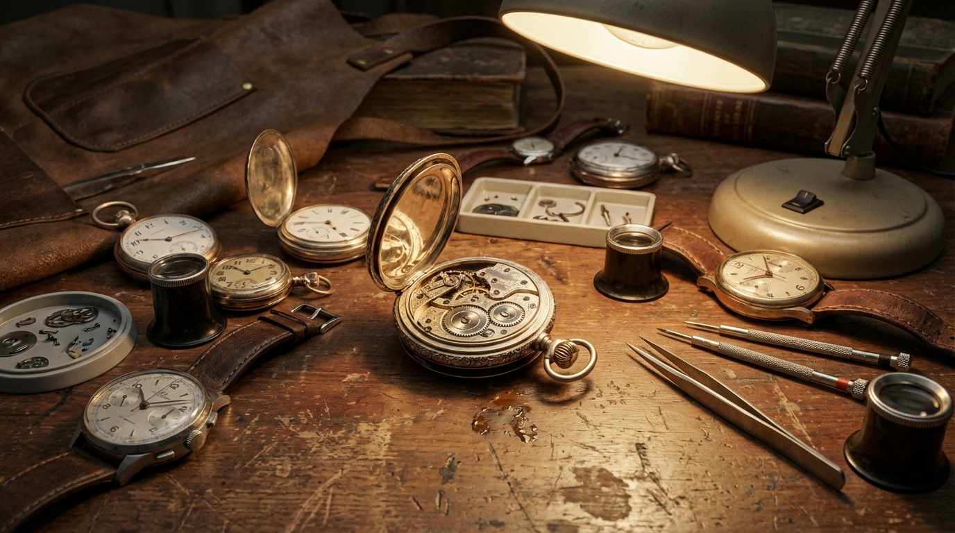 Una colección de relojes antiguos sobre una mesa de relojero, representando las marcas de relojes más antiguas del mundo.