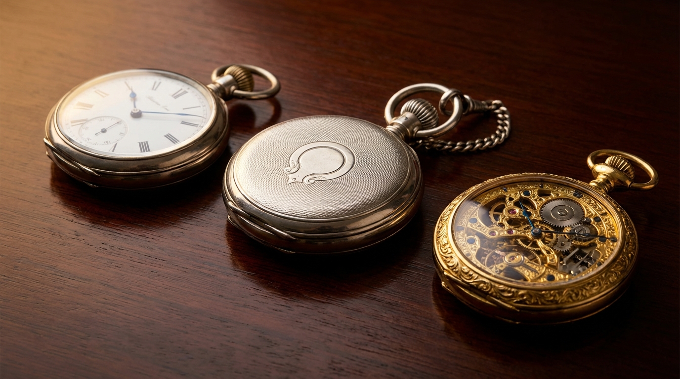 Una selección de los mejores relojes de bolsillo, incluyendo un modelo de cazador y uno de esqueleto, sobre una mesa de madera.