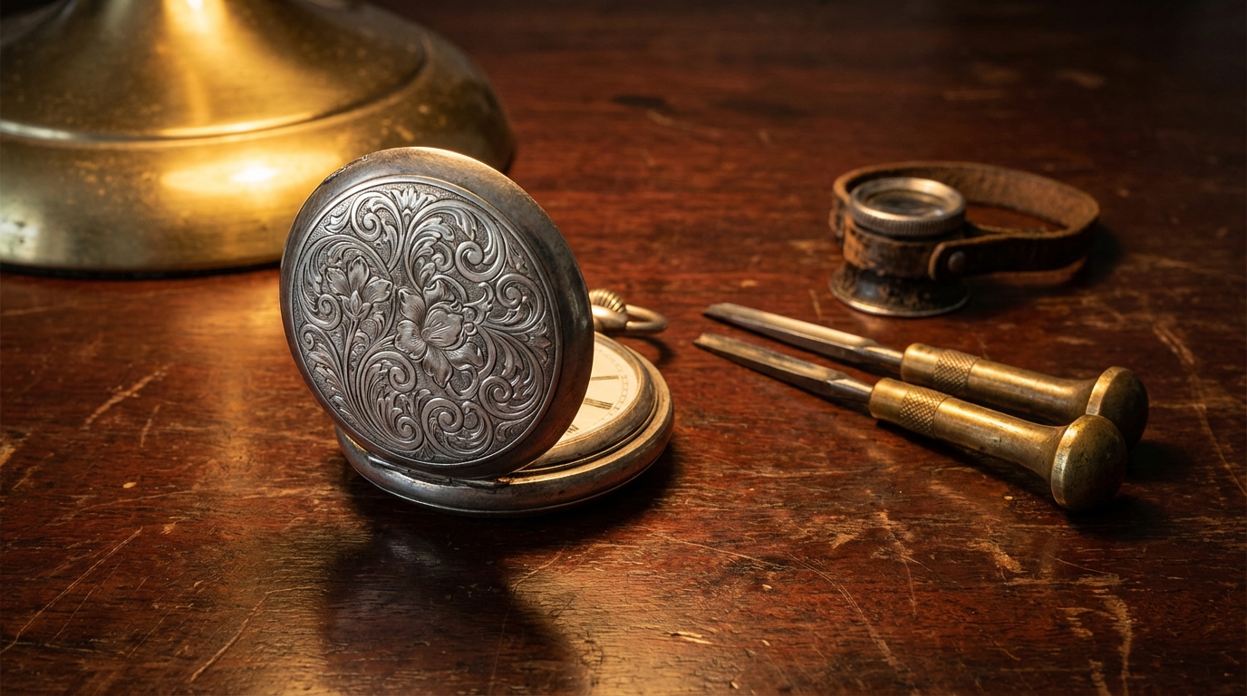 Un reloj de bolsillo antiguo de plata con un grabado floral detallado sobre una mesa de madera.