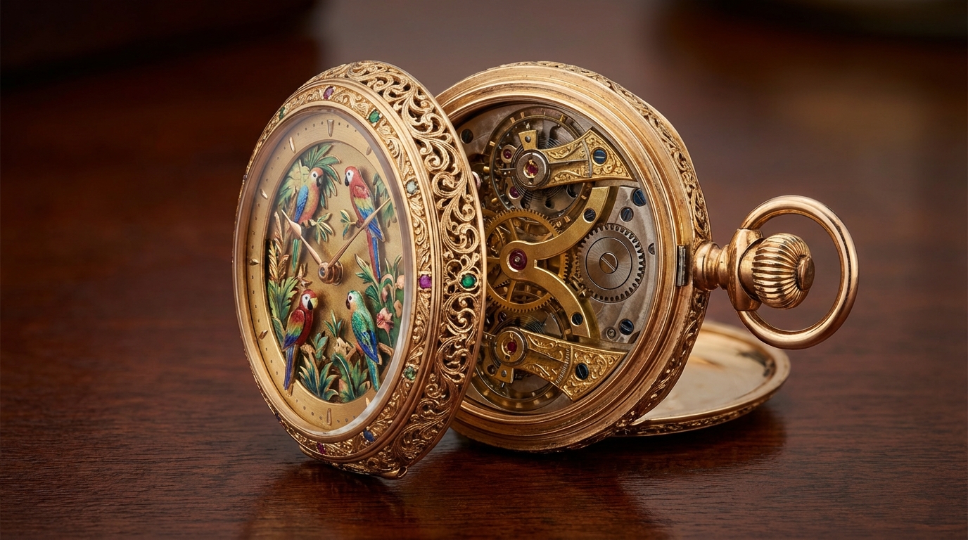 Un reloj de bolsillo de oro Jaquet Droz Parrot Repeater mostrando su esfera y autómata.
