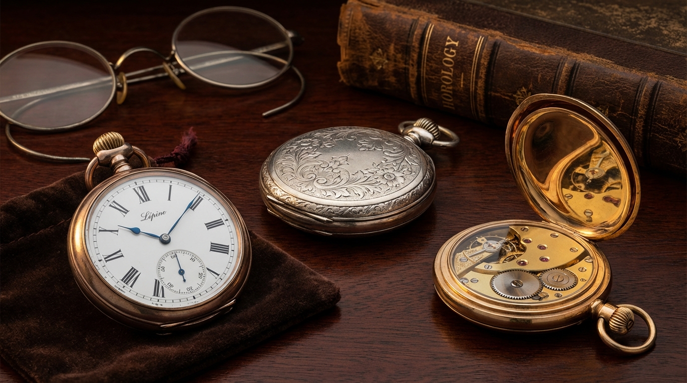 Guía completa sobre el reloj de bolsillo, mostrando diferentes tipos de cajas como Lépine y Hunter.