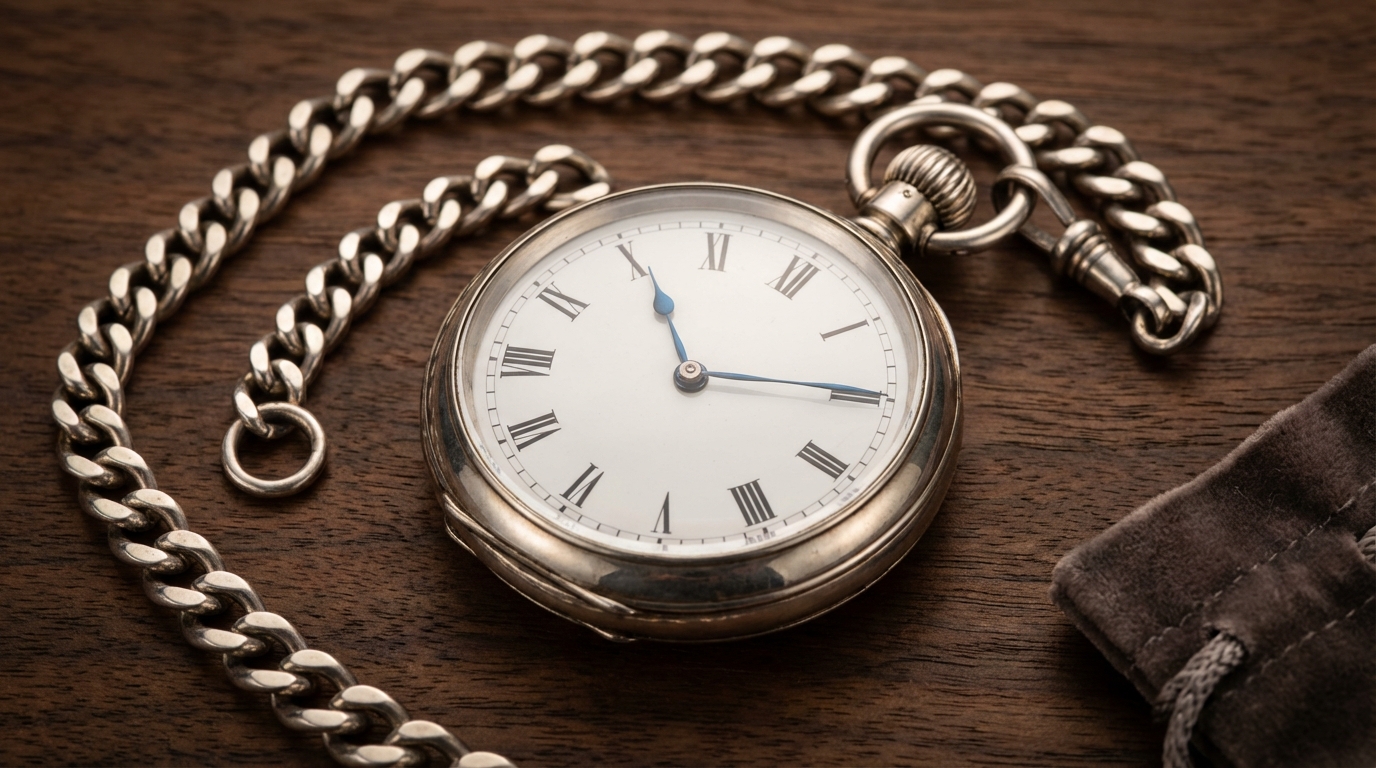 Reloj de bolsillo abierto de plata con esfera de esmalte blanco y números romanos sobre una mesa de madera.