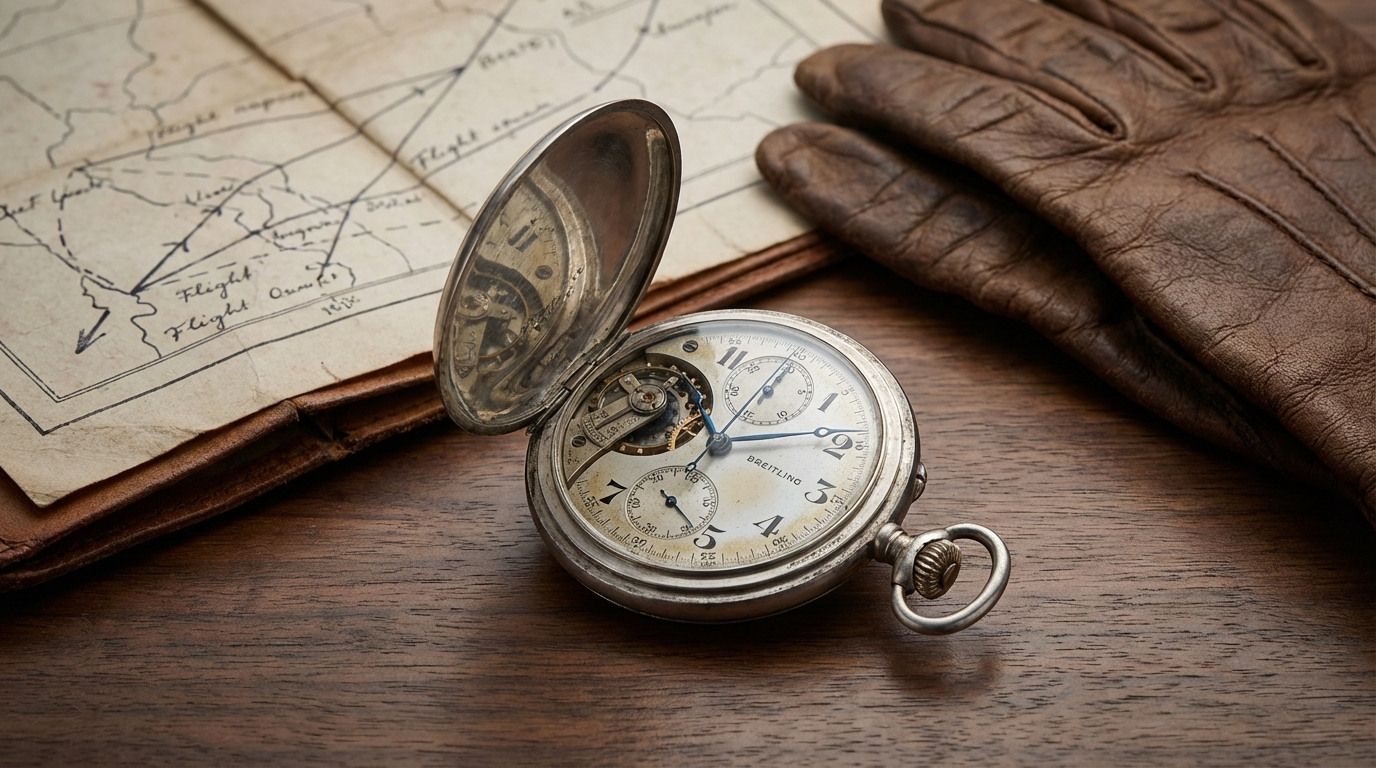 Un reloj de bolsillo Breitling antiguo con cronógrafo sobre un mapa de aviación.