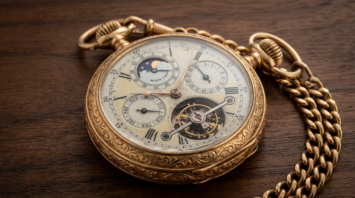 Un reloj de bolsillo con complicaciones de oro antiguo, mostrando un tourbillon, calendario perpetuo y fase lunar en su esfera detallada.