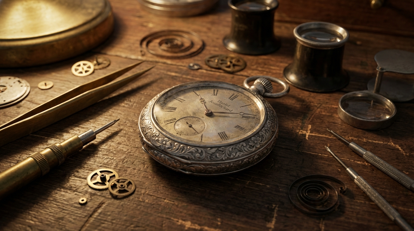 Un reloj de bolsillo Daniel JeanRichard antiguo sobre un banco de trabajo de relojero.