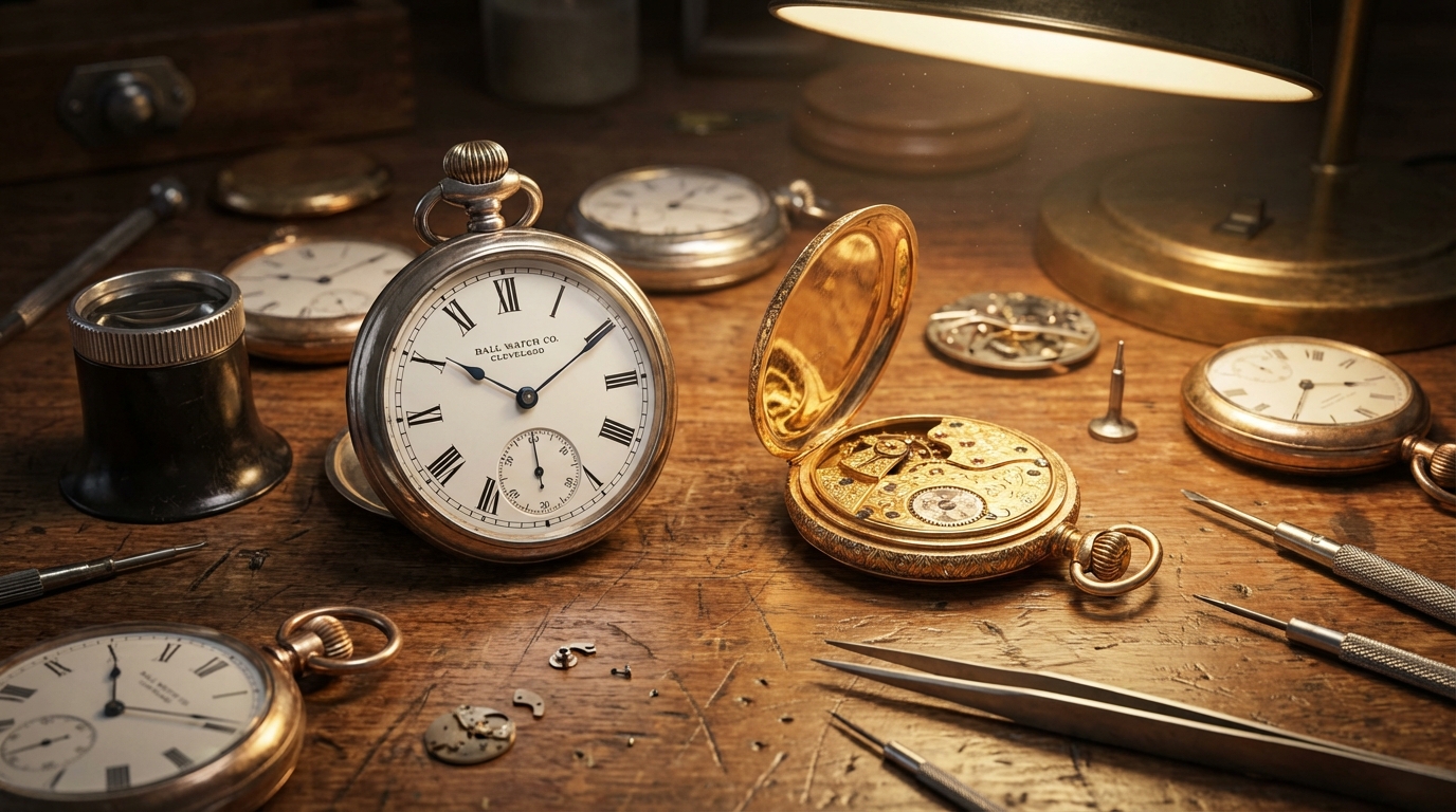 Varios modelos de reloj de bolsillo de colección antiguos sobre una mesa de trabajo de relojero.