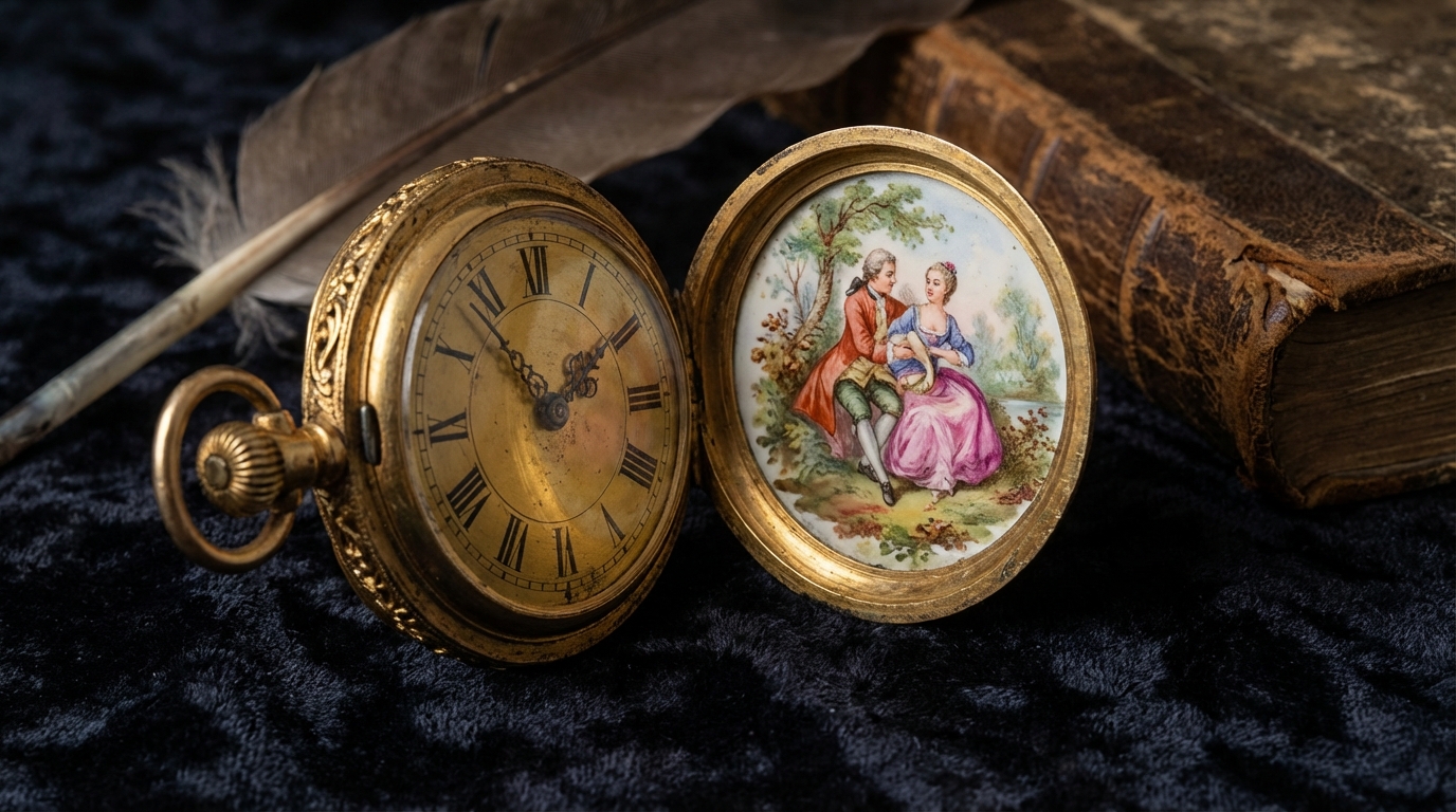 Un reloj de bolsillo erótico de oro antiguo mostrando una escena íntima pintada en esmalte en su tapa interior.