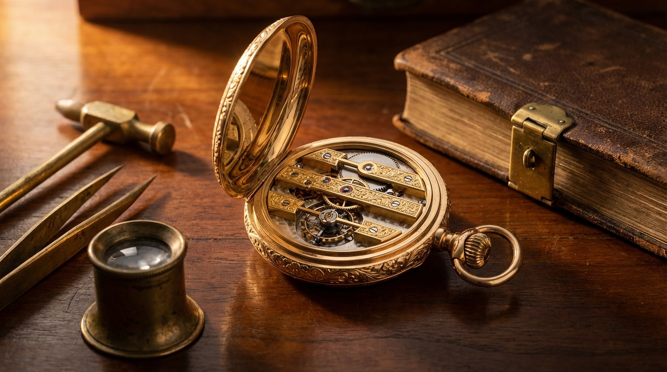 Un reloj de bolsillo Girard-Perregaux 'La Esmeralda' abierto, mostrando su tourbillon y sus tres puentes de oro.