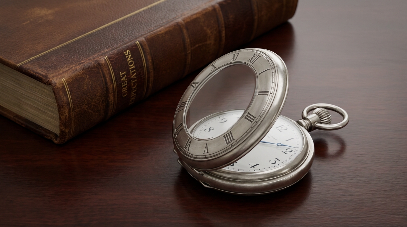 Reloj de bolsillo medio cazador de plata vintage con la tapa entreabierta sobre una mesa.