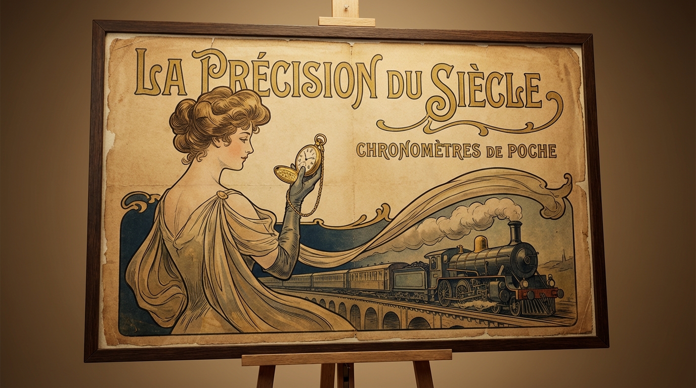 Un cartel antiguo de reloj de bolsillo publicidad, mostrando el arte y el estilo de la época dorada de la relojería.