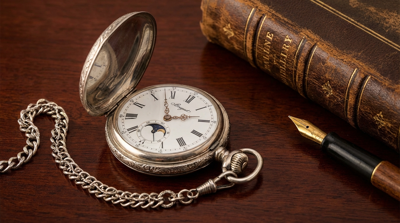 Un elegante reloj de bolsillo vintage de plata con su cadena sobre un escritorio de madera.