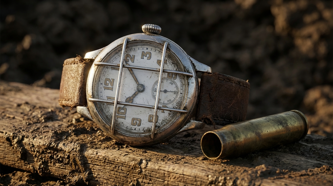 Un reloj de pulsera de la Primera Guerra Mundial con esfera de esmalte y protector de metralla, simbolizando la transición del reloj de bolsillo al de muñeca.