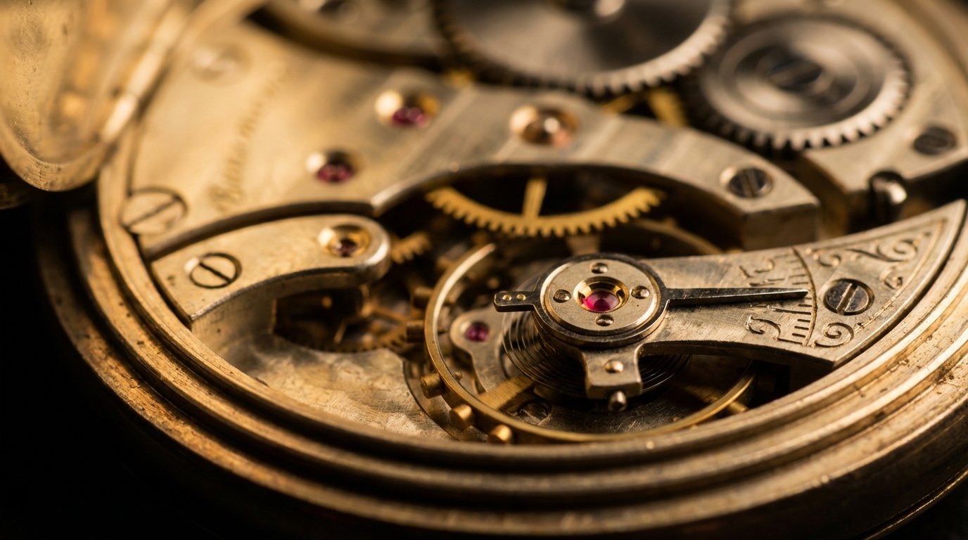 Primer plano detallado de los rubíes de un reloj de bolsillo antiguo, mostrando el mecanismo interno y los engranajes.