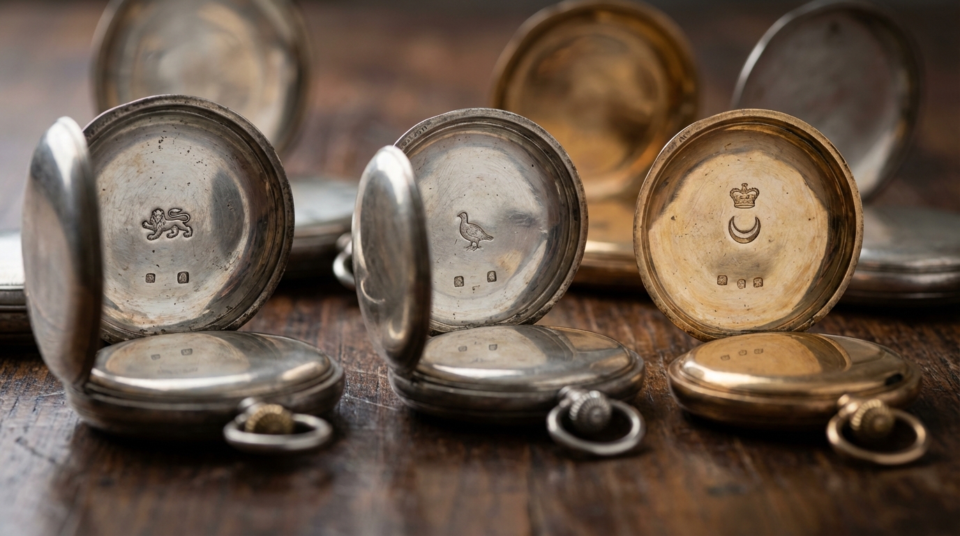 Primer plano de varios sellos de relojes de bolsillo antiguos en cajas de plata y oro.