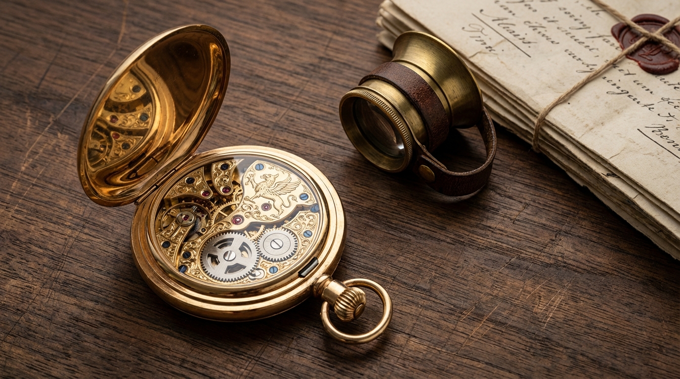 Un experto tasando el valor de un reloj de bolsillo antiguo sobre una mesa de trabajo.