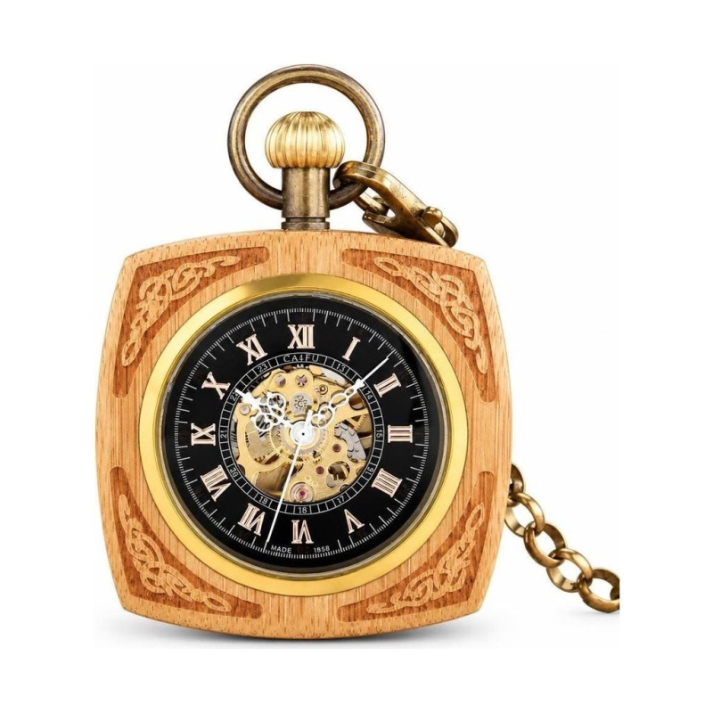 Reloj de bolsillo automático cuadrado con efecto madera