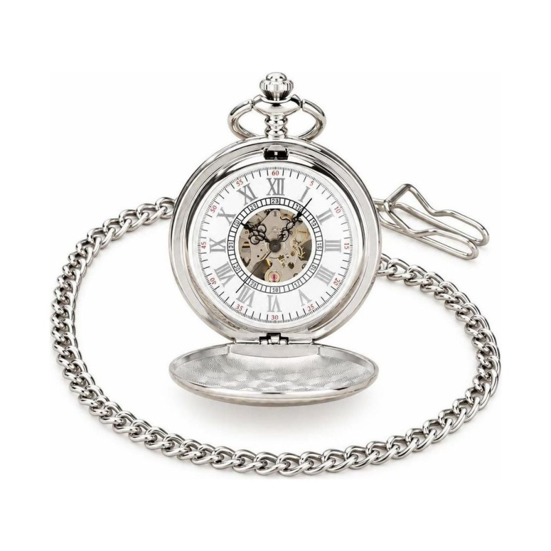 Reloj de bolsillo automático plateado con tapa