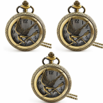 Reloj de bolsillo de cuarzo color bronce con ave calada — Lote de 3