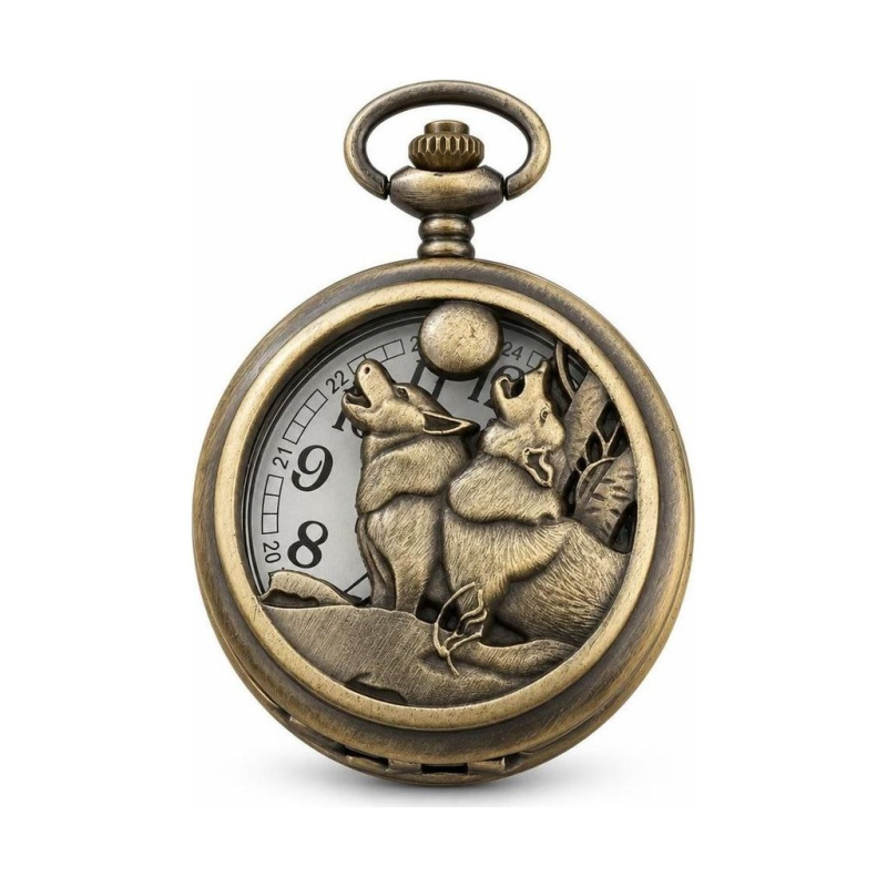 Reloj de bolsillo de cuarzo con dos lobos, acabado bronce