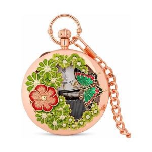 Reloj de bolsillo de cuarzo con flores y mariposa — Oro amarillo