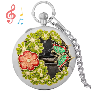 Reloj de bolsillo de cuarzo con flores y mariposa — Plateado