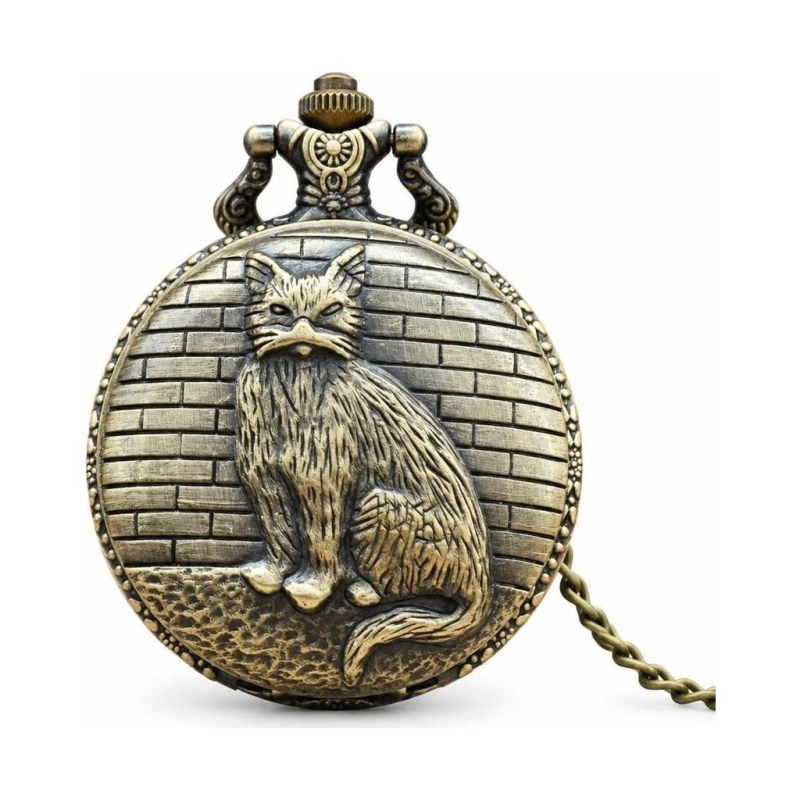 Reloj de bolsillo de cuarzo con gato en bronce