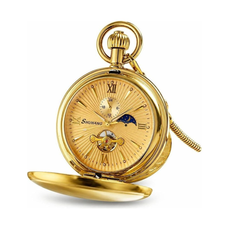 Reloj de bolsillo doble hunter dorado con tourbillón