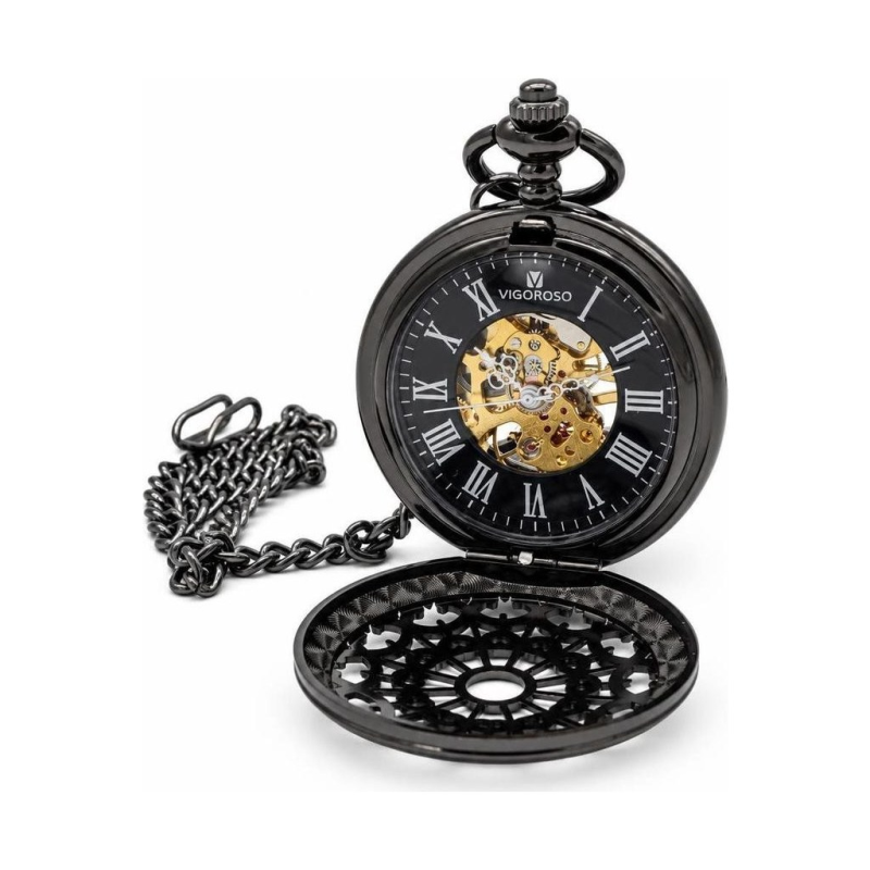 Reloj de bolsillo Double Hunter negro steampunk