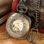 Reloj de bolsillo esqueleto con cadena FOB, tono bronce