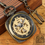 Reloj de bolsillo esqueleto con cadena FOB, tono bronce