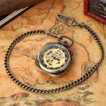 Reloj de bolsillo esqueleto con cadena FOB, tono bronce