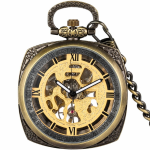 Reloj de bolsillo esqueleto con cadena FOB, tono bronce