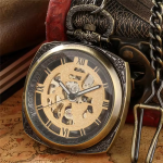 Reloj de bolsillo esqueleto con cadena FOB, tono bronce