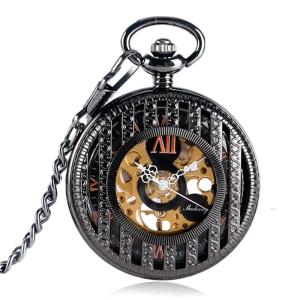 Reloj de bolsillo esqueleto con cuerda manual y cadena — Negro