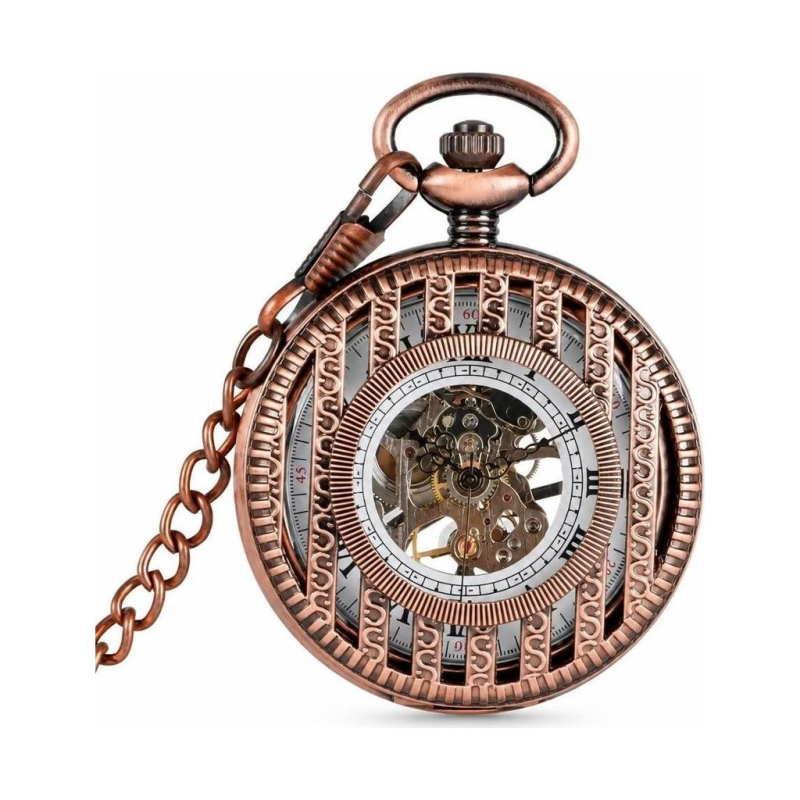 Reloj de bolsillo esqueleto con cuerda manual y cadena — Plateado