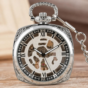 Reloj de bolsillo esqueleto cuadrado de cuerda manual
