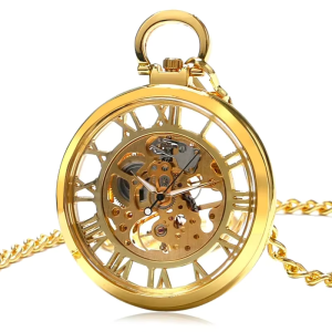 Reloj de bolsillo esqueleto dorado de cuerda manual
