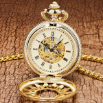 Reloj de bolsillo esqueleto dorado mecánico