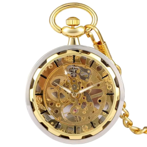 Reloj de bolsillo esqueleto mecánico con cadena