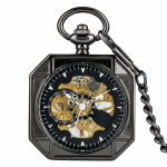 Reloj de bolsillo esqueleto mecánico cuadrado — Negro
