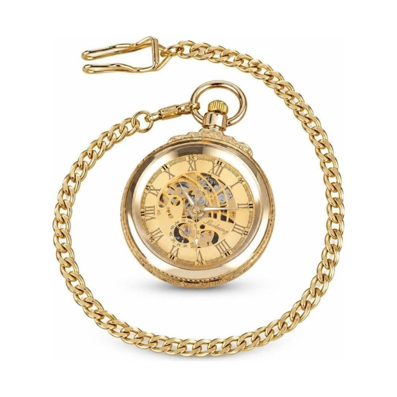 Reloj de bolsillo mecánico con esfera abierta en dorado
