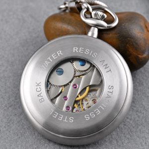 Reloj de bolsillo mecánico de acero inoxidable con cadena