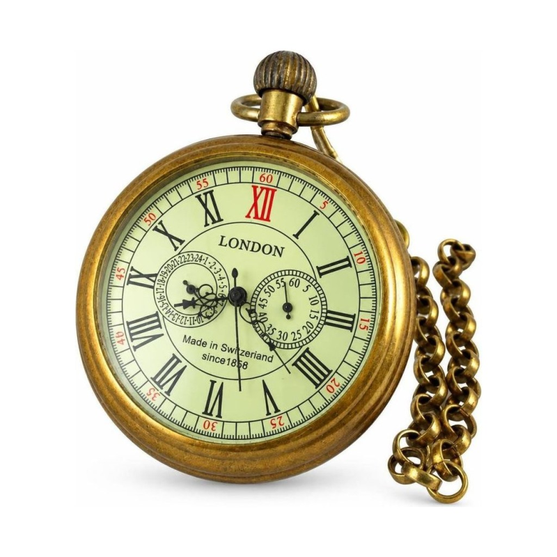 Reloj de bolsillo mecánico de cobre con números romanos