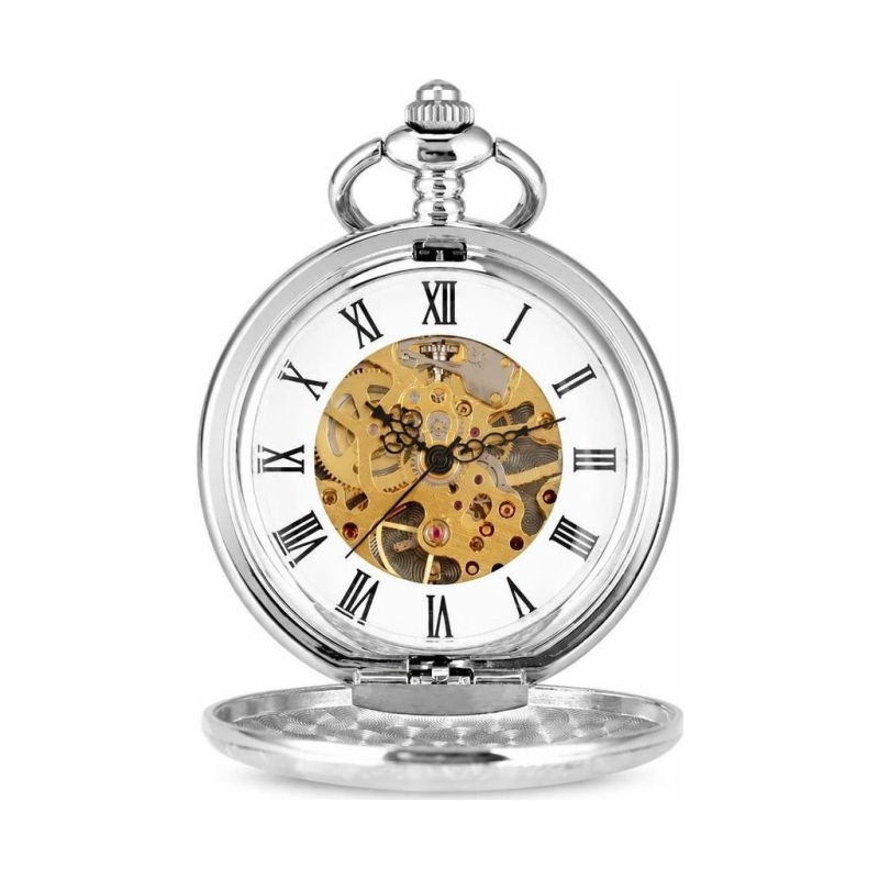 Reloj de bolsillo mecánico esqueleto con cadena de 30 cm